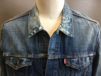 LEVI'S, Denim Blue, Cotton, Solid, Button Front, Long Sleeves, Collar Attached, Orange Top Stitching, Slit Pockets