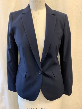ANN TAYLOR, Navy Blue, Polyester, Viscose, Solid, Notched Lapel, Single Breasted, Button Front, 1 Button, 2 Flap Pockets, 1 Chest Pkt