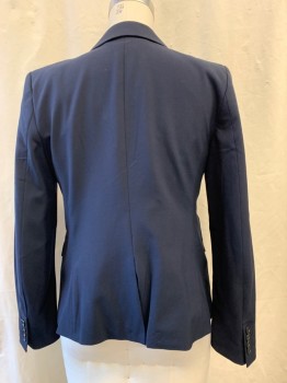 ANN TAYLOR, Navy Blue, Polyester, Viscose, Solid, Notched Lapel, Single Breasted, Button Front, 1 Button, 2 Flap Pockets, 1 Chest Pkt