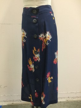 MADEWELL, Navy Blue, Lt Gray, Sunflower Yellow, Red, Burnt Orange, Silk, Floral, Side Buttons, Abstract