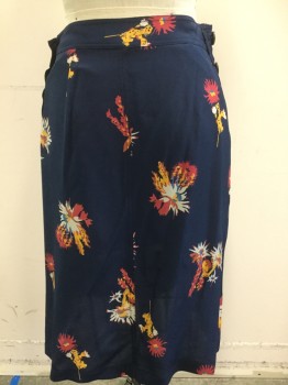 MADEWELL, Navy Blue, Lt Gray, Sunflower Yellow, Red, Burnt Orange, Silk, Floral, Side Buttons, Abstract