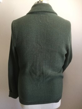 O'HANLON MILLS, Olive Green, Teal Green, Cotton, Acrylic, Mottled, 5 Buttons, Honeycomb Texture, 2 Pockets, Shawl Collar,