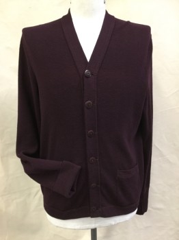 RALPH LAUREN, Wine Red, Wool, Solid, V Neck, Long Sleeves, Button Front, 2 Pockets . Vintage 30's to Mid 50's Look