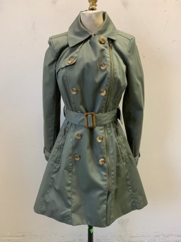 COFFEE SHOP, Olive Green, Cotton, 2 Piece with Belt, Collar Attached, Zip Front, Faux Double Breasted Buttons, 2 Zip Pockets