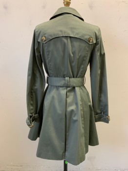 COFFEE SHOP, Olive Green, Cotton, 2 Piece with Belt, Collar Attached, Zip Front, Faux Double Breasted Buttons, 2 Zip Pockets