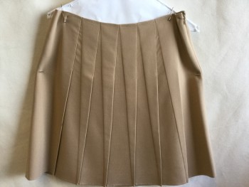 ANN KLEIN, Taupe, Wool, Solid, No Waistband, Narrow Triangle Large Pleat Design, Side Zip, Shinny Khaki Lining