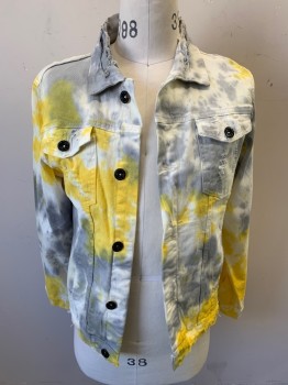 MARIANO, Off White, Lt Gray, Butter Yellow, Cotton, Elastane, Tie-dye, Long Sleeves, Button Front, 5 Buttons, 2 Chest Pockets with Flaps and Buttons, 2 Side Pockets, Button Cuffs, Distressed