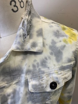 MARIANO, Off White, Lt Gray, Butter Yellow, Cotton, Elastane, Tie-dye, Long Sleeves, Button Front, 5 Buttons, 2 Chest Pockets with Flaps and Buttons, 2 Side Pockets, Button Cuffs, Distressed