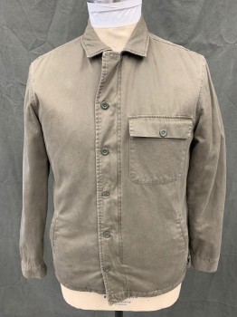 ALL SAINTS, Dk Olive Grn, Cotton, Solid, Zip/Button Front, 3 Pockets, Collar Attached, Long Sleeves, Button Cuff, Twill Tab Attached Buckle Side Hems, Cream Fleece Interior