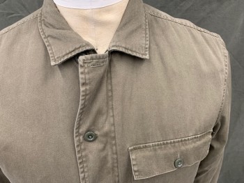 ALL SAINTS, Dk Olive Grn, Cotton, Solid, Zip/Button Front, 3 Pockets, Collar Attached, Long Sleeves, Button Cuff, Twill Tab Attached Buckle Side Hems, Cream Fleece Interior