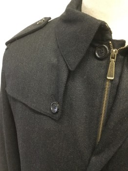 BROOKS BROTHERS, Charcoal Gray, Wool, Stripes - Shadow, Collar Attached, Zipper and Button Closure, 2 Pockets, Detached Yoke Right Front Shoulder, Epaulets, Back Vent, Buckled Straps at Cuffs, Fully Lined Also Comes with Attachable Lining Vest Zipped In.