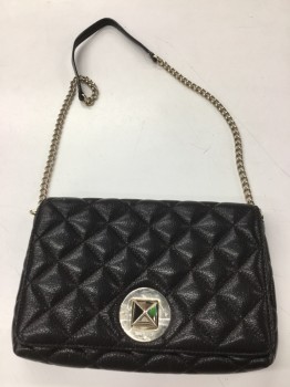 KATE SPADE, Black, Leather, Solid, Black Quilted Leather, Gold Chain Strap
