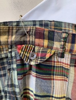 POLO RALPH LAUREN, Multi-color, Cotton, Plaid, Patchwork, Madras Plaid, Flat Front, Zip Fly, 8.5" Inseam,  5 Pockets (Including 1 Watch Pocket), Belt Loops