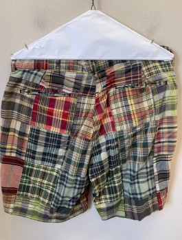 POLO RALPH LAUREN, Multi-color, Cotton, Plaid, Patchwork, Madras Plaid, Flat Front, Zip Fly, 8.5" Inseam,  5 Pockets (Including 1 Watch Pocket), Belt Loops