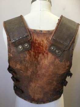 Mens, Historical Fict. Breastplate , MTO, Brown, Tan Brown, Leather, 40-44, Brown Leather, Faux Buckles at Shoulders, 3 Leather Straps on Sides with Buckles, Aged/Distressed
