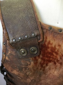 Mens, Historical Fict. Breastplate , MTO, Brown, Tan Brown, Leather, 40-44, Brown Leather, Faux Buckles at Shoulders, 3 Leather Straps on Sides with Buckles, Aged/Distressed