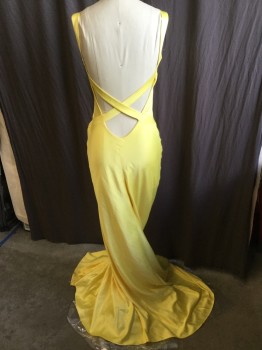 FOX 92, Yellow, Silk, Solid, 1" Wide V-neck & Straps, Dark Yellow Lining, 1" Seams Waist, Cut-out Criss-cross Back, Side Zip,