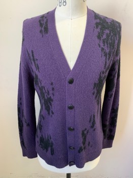Mens, Cardigan Sweater, JOHN VARVATOS, Camel Brown, Purple, Black, Cotton, Polyester, Abstract , M, V-neck, Long Sleeves, Thick