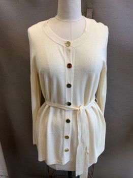 ANNE KLEIN, Ivory White, Acrylic, Viscose, Solid, Long Sleeves, Button Front, 6 Gold Buttons, Crew Neck, Self Belt, Extra Button Attached