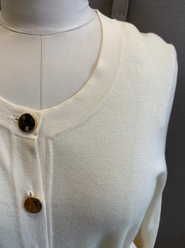 Womens, Sweater, ANNE KLEIN, Ivory White, Acrylic, Viscose, Solid, XL, Long Sleeves, Button Front, 6 Gold Buttons, Crew Neck, Self Belt, Extra Button Attached