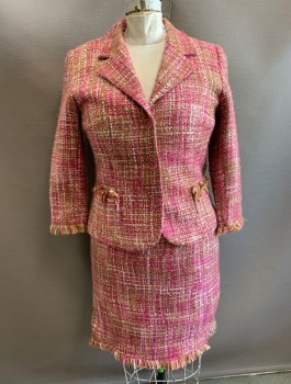 JONATHAN MARTIN, Pink, Fuchsia Pink, Lt Peach, White, Beige, Acrylic, Speckled, Boucle, Single Breasted, Notched Lapel, 3 Transparent Pink Buttons, 2 Patch Pockets, Fringed Edges at Cuffs and Pockets, Light Pink Solid Lining