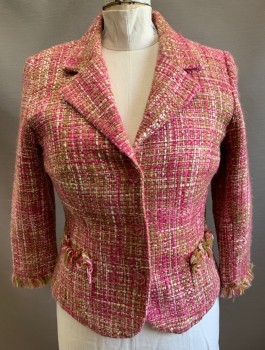 JONATHAN MARTIN, Pink, Fuchsia Pink, Lt Peach, White, Beige, Acrylic, Speckled, Boucle, Single Breasted, Notched Lapel, 3 Transparent Pink Buttons, 2 Patch Pockets, Fringed Edges at Cuffs and Pockets, Light Pink Solid Lining