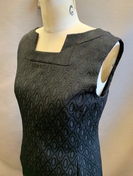 Womens, Cocktail Dress, SAM & LIBBY, Black, Poly/Cotton, Abstract , Sz.6, Wavy Lines and Ovals Texture Brocade, Boat Neck with Square Dip at Center, Mini Length, 2 Pockets Along Princess Seams