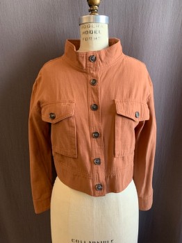 Womens, Casual Jacket, GRADE & GATHER, Rust Orange, Cotton, Solid, S, 6 Buttons, 2 Pockets, Button Cuffs, Stand Collar
