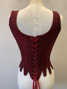 N/L MTO, Wine Red, Black, Polyester, Swirl , Brocade, 1" Wide Straps, Scoop Neck, Tabbed Waist/Hem, Boned Structure, Lace Up in Front and in Back, Made To Order Reproduction, 1600's
