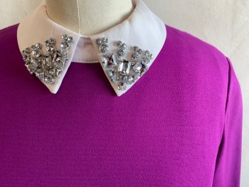 Womens, Dress, Long & 3/4 Sleeve, TED BAKER, Purple, Viscose, Polyamide, Solid, Sz.2, Knit, White Contrast Collar with Rhinestone Stud Detail, White Contrast Cuff, Inverted Pleated Skirt, Back Rose Gold Zipper, 2 Pockets