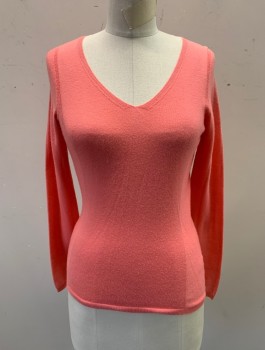 AGNONA, Salmon Pink, Cashmere, Cotton, Solid, Lightweight Knit, V-neck, Long Sleeves