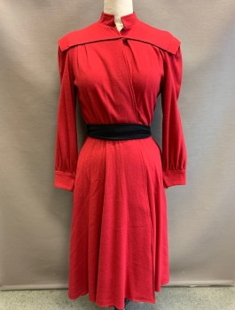 JAMES REVA CONCEPTS, Red, Black, Wool, Solid, Knit, Long Sleeves, Stand Collar, Wrap Dress, Black Piping Trim, Elastic Waist, Yoke at Chest with Pleats at Front, Knee Length, Padded Shoulders, Belt Loops, **With Matching Black Belt