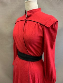 Womens, Dress, JAMES REVA CONCEPTS, Red, Black, Wool, Solid, W28-32, B:40, Knit, Long Sleeves, Stand Collar, Wrap Dress, Black Piping Trim, Elastic Waist, Yoke at Chest with Pleats at Front, Knee Length, Padded Shoulders, Belt Loops, **With Matching Black Belt