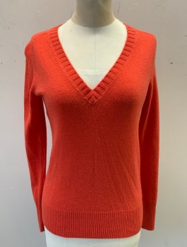 J.CREW, Coral Orange, Wool, Cashmere, Solid, Knit, V-neck, Long Sleeves