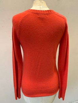 J.CREW, Coral Orange, Wool, Cashmere, Solid, Knit, V-neck, Long Sleeves