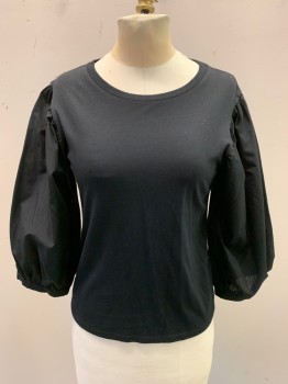 TOPSHOP, Black, Modal, Cotton, Solid, Knit Body, Ribbed Knit Crew Neck, Poplin Gathered 33/4 Blouse Sleeves with Closed Cuffs