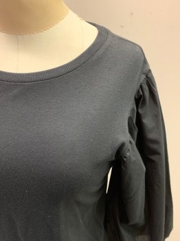 TOPSHOP, Black, Modal, Cotton, Solid, Knit Body, Ribbed Knit Crew Neck, Poplin Gathered 33/4 Blouse Sleeves with Closed Cuffs