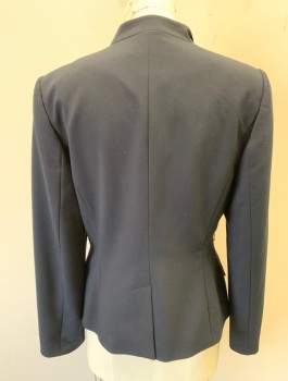 Womens, Blazer, CALVIN KLEIN, Navy Blue, Polyester, Rayon, Solid, Sz.6, Single Breasted, Notched Lapel with Diamond Shaped Panel, 1 Snap Closure, 2 Slanted Pockets with Flaps