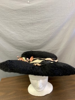 Womens, Hat 1890s-1910s, N/L, Black, Mauve Pink, Mint Green, Ecru, Beaver, Silk, Wide Brim, Silk Satin Ribbons in Mint/Beige/Black Loosely Braided/Twisted Around Brim, Mauve Faux Flowers/Berries Attached,