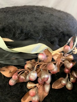 Womens, Hat 1890s-1910s, N/L, Black, Mauve Pink, Mint Green, Ecru, Beaver, Silk, Wide Brim, Silk Satin Ribbons in Mint/Beige/Black Loosely Braided/Twisted Around Brim, Mauve Faux Flowers/Berries Attached,