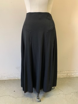 Womens, Skirt 1890s-1910s, BERGDORF GOODMAN, Black, Wool, Solid, W:30, Faille, Angled Seams at Hips Fanning Out Into Box Pleats, Button Closures at Side, Gathered in Back, Has Original Bergdorf Goodman Label Dated 1916,