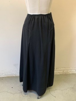 Womens, Skirt 1890s-1910s, BERGDORF GOODMAN, Black, Wool, Solid, W:30, Faille, Angled Seams at Hips Fanning Out Into Box Pleats, Button Closures at Side, Gathered in Back, Has Original Bergdorf Goodman Label Dated 1916,