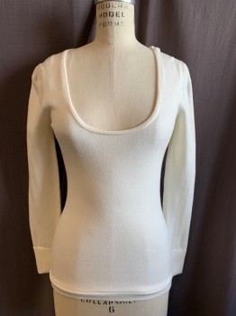 FRENCH CONNECTION, White, Acrylic, Polyamide, Solid, Deep Scoop Neck, Gathered Sleeve Inset, Long Sleeves, Ribbed Knit Cuff