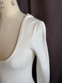 FRENCH CONNECTION, White, Acrylic, Polyamide, Solid, Deep Scoop Neck, Gathered Sleeve Inset, Long Sleeves, Ribbed Knit Cuff