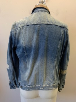 ALL SAINTS, Denim Blue, Cotton, Suede, Faded, Solid, Faded Blue Denim Cotton, Suede Collar, Button Front, 4 Pockets with 2 Pockets with Silver Button, 4 Buttons at Waistband *Distressed Elbows and Waistband*