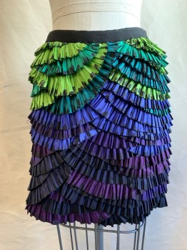 DVF, Lime Green, Green, Violet Purple, Purple, Aubergine Purple, Silk, Color Blocking, Scallopped Colorblocked Tiered Ruffles, Solid Black Elastic Waistband