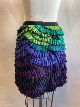 DVF, Lime Green, Green, Violet Purple, Purple, Aubergine Purple, Silk, Color Blocking, Scallopped Colorblocked Tiered Ruffles, Solid Black Elastic Waistband