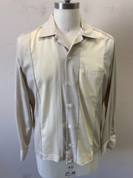 Mens, Casual Shirt, ANTO BEVERLY HILLS, Ivory White, Off White, Polyester, Color Blocking, L, Long Sleeves, Button Front, 6 Buttons, Welt Chest Pocket, Top Stitch, Back Darts, Button Cuffs, Repro