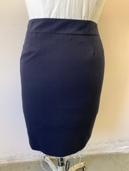 ANNE KLEIN, Navy Blue, Polyester, Rayon, Solid, Dark Navy (Nearly Black), Pencil Skirt, 2" Wide Self Waistband, 1 Small Welt Pocket at Front Hip, Invisible Zipper in Back, Vent at Back Hem