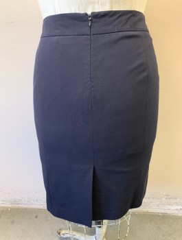 ANNE KLEIN, Navy Blue, Polyester, Rayon, Solid, Dark Navy (Nearly Black), Pencil Skirt, 2" Wide Self Waistband, 1 Small Welt Pocket at Front Hip, Invisible Zipper in Back, Vent at Back Hem